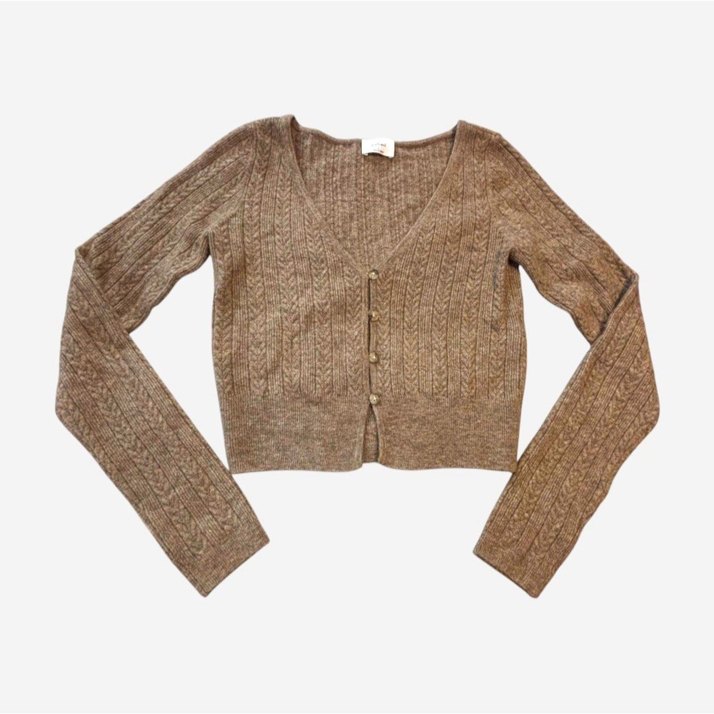 Aritzia Wilfred Women's S Cashmere Blend Cropped Cardigan Cable Rib Knit Taupe